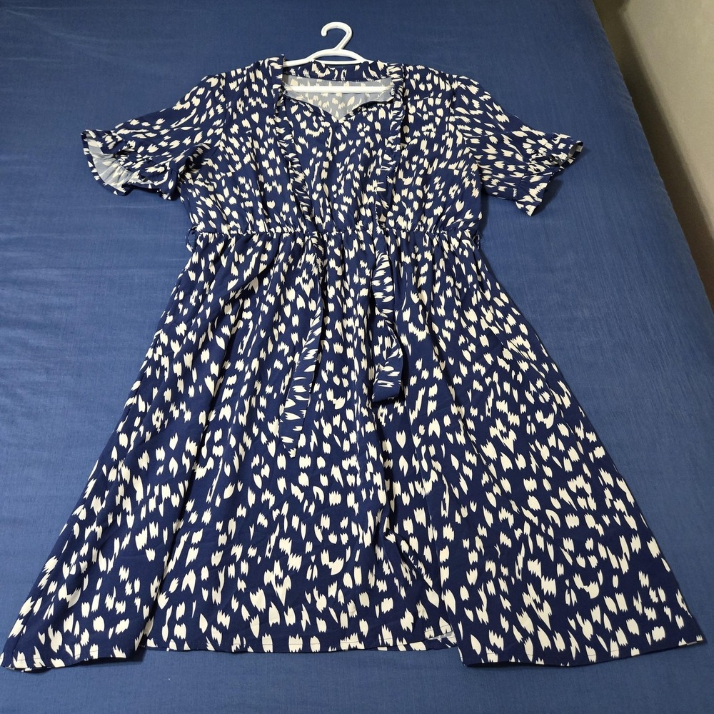 Dress Womens XL Blue Geometric Ruched Fit‎ & Flare Sundress Short Ruffle Sleeve